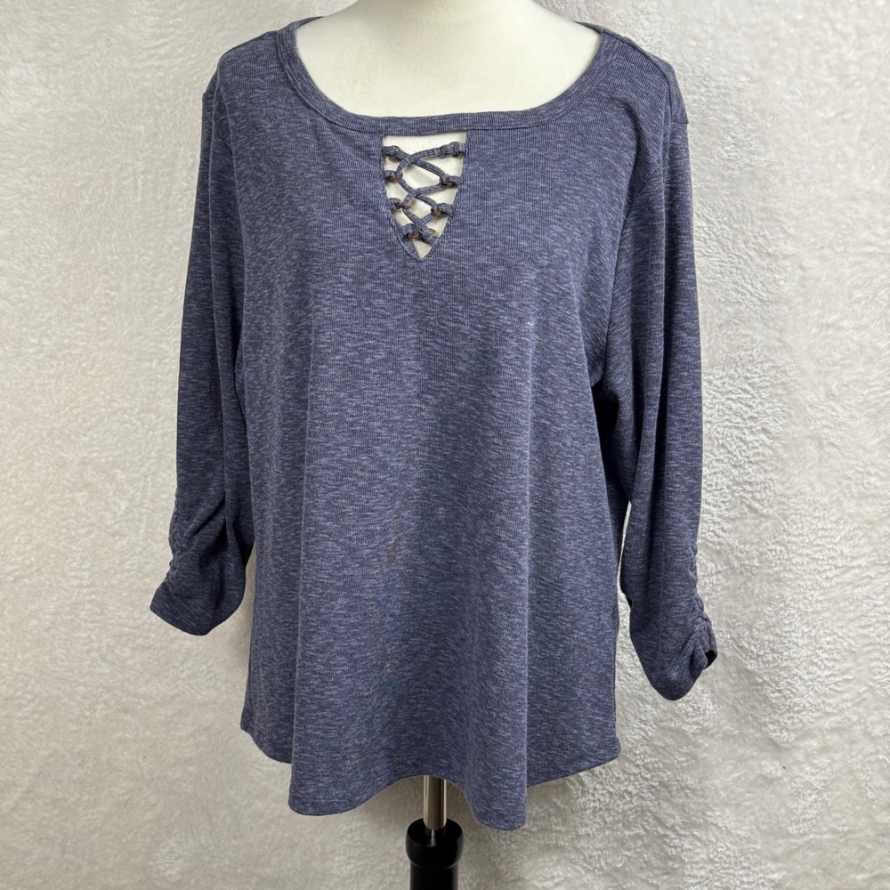 Democracy Knit‎ Top Criss Cross Long Sleeve Casual Heather Blue 1X